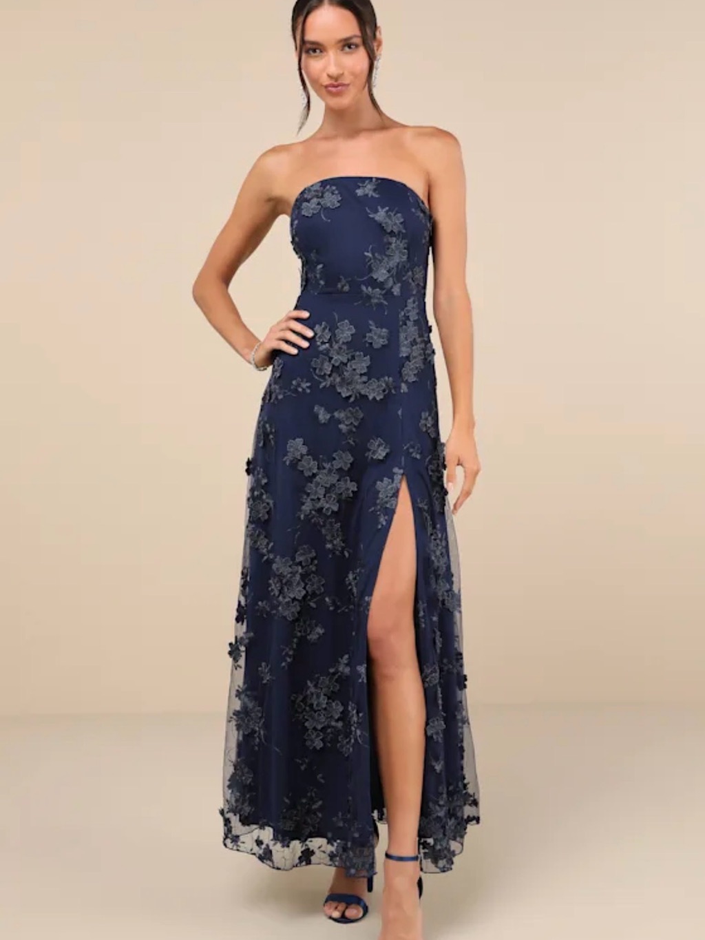 Lulu's Navy Strapless Embroidered Floral Gown